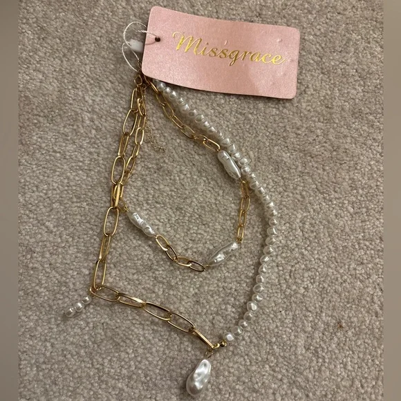 NWT Missgrace Gold Layered Pearl Necklace | Boho Paperclip Link & Baroque Pearl - Picture 2 of 2